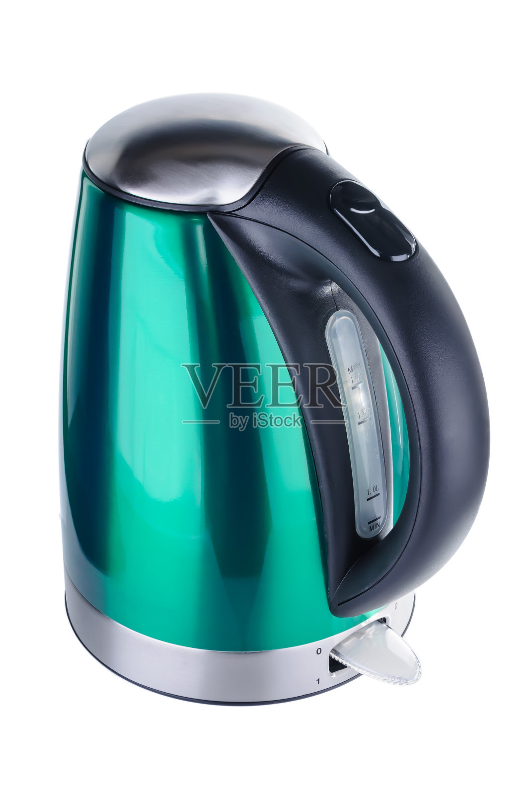 白色背景上的绿色不锈钢水壶照片摄影图片