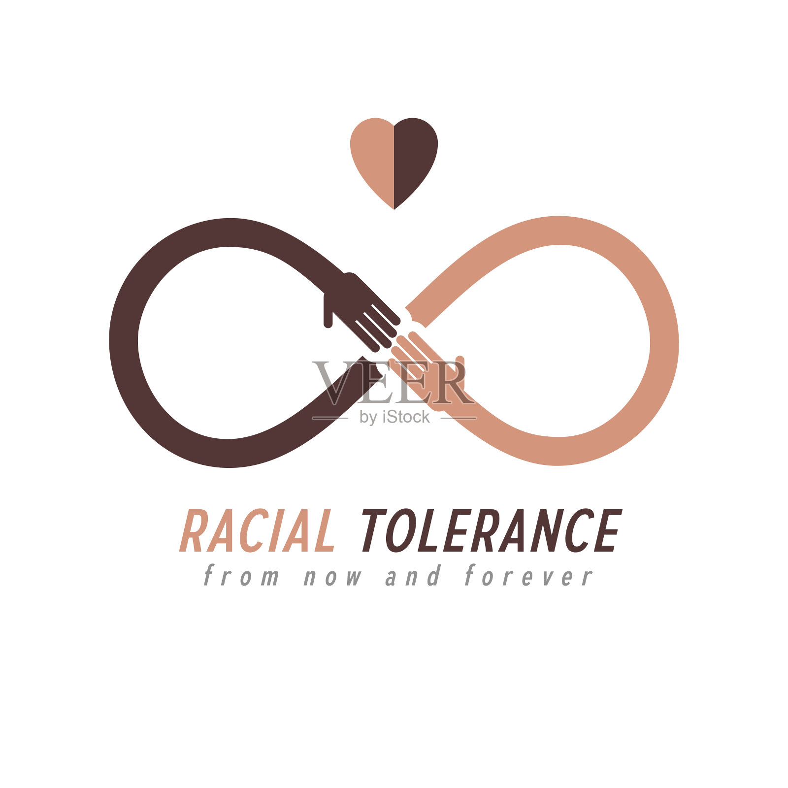 种族包容是不同国家之间的概念符号,零容忍,用无限环符号和不同种族的人的双手相互接触和接触创造的向量符号。插画图片素材