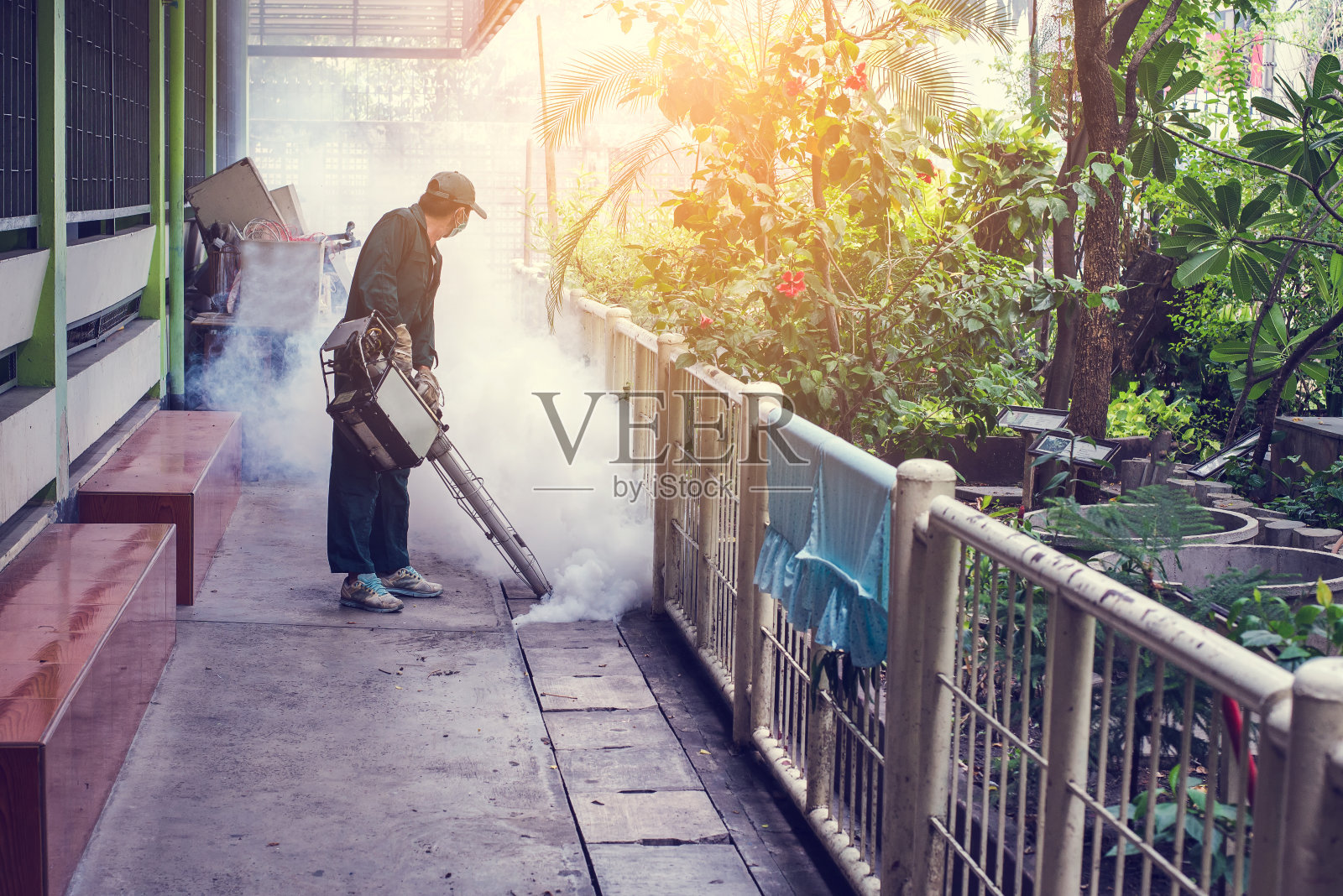 为了防止登革热和寨卡病毒的传播,人们用喷雾灭蚊照片摄影图片