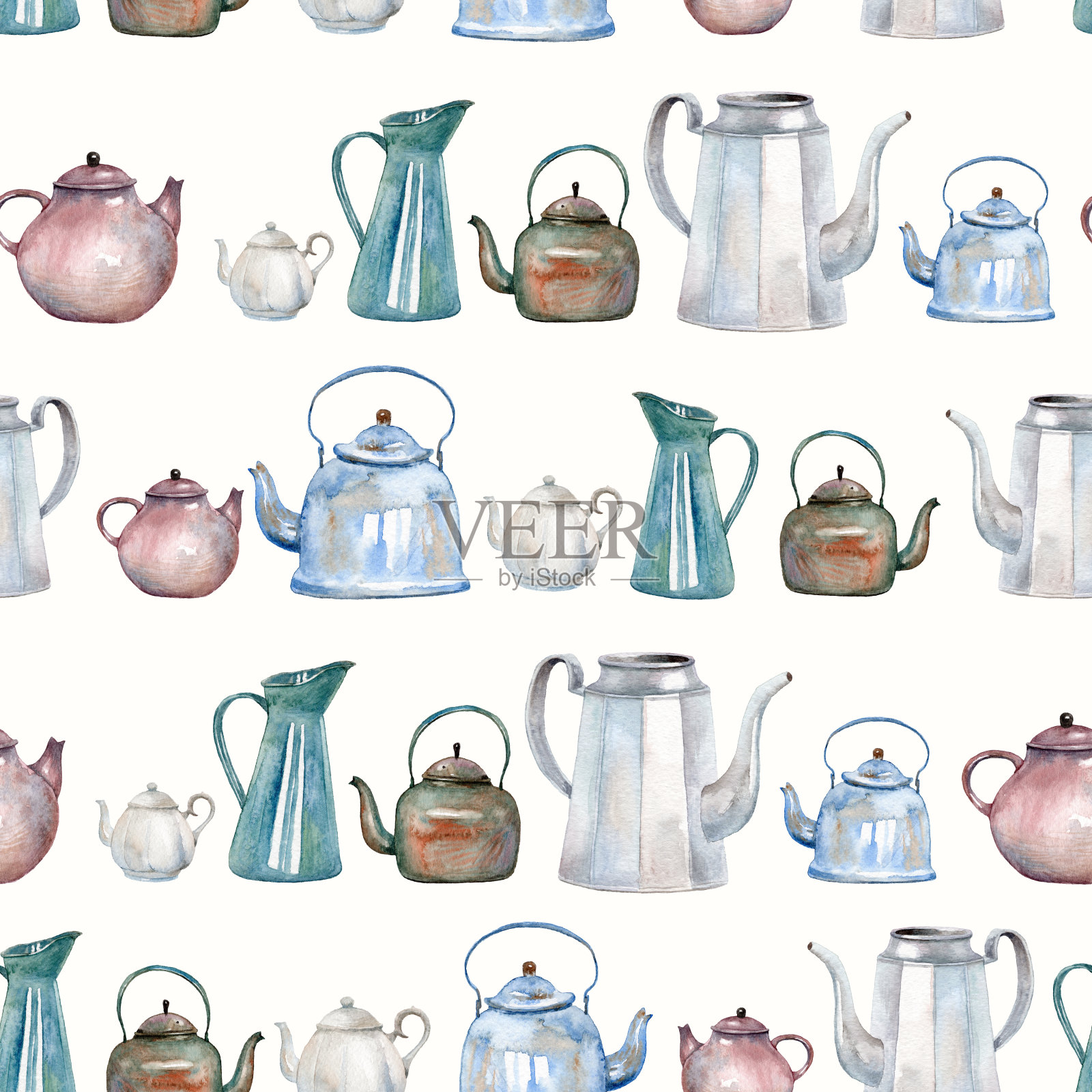 水彩复古水壶和茶壶无缝图案插画图片素材