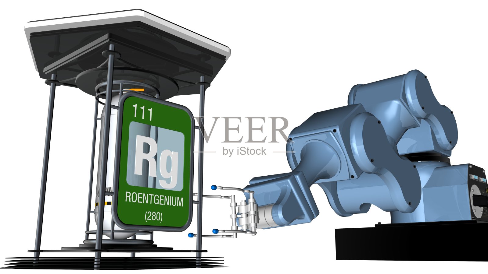 方形伦琴符号,金属边,机械臂前放置化学容器。3 d渲染。元素周期表中的第111号元素照片摄影图片
