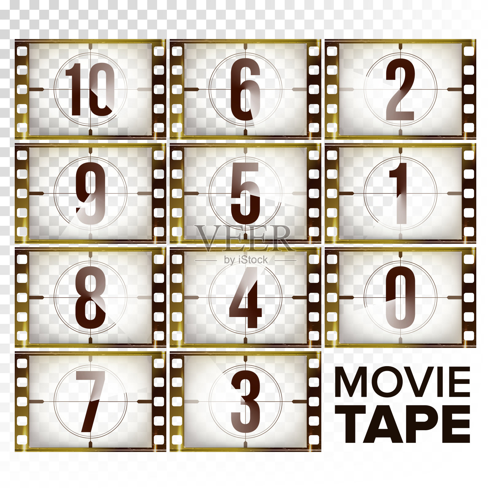 电影倒计时数字10 - 0矢量。单色棕色垃圾胶片。电影的元素。开始的复古电影。倒数计时动画。孤立的透明背景插图插画图片素材