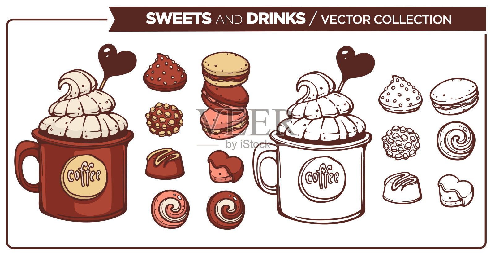 糖果和饮料,咖啡杯和糖果的草图矢量收集,线条艺术和彩色插画图片素材