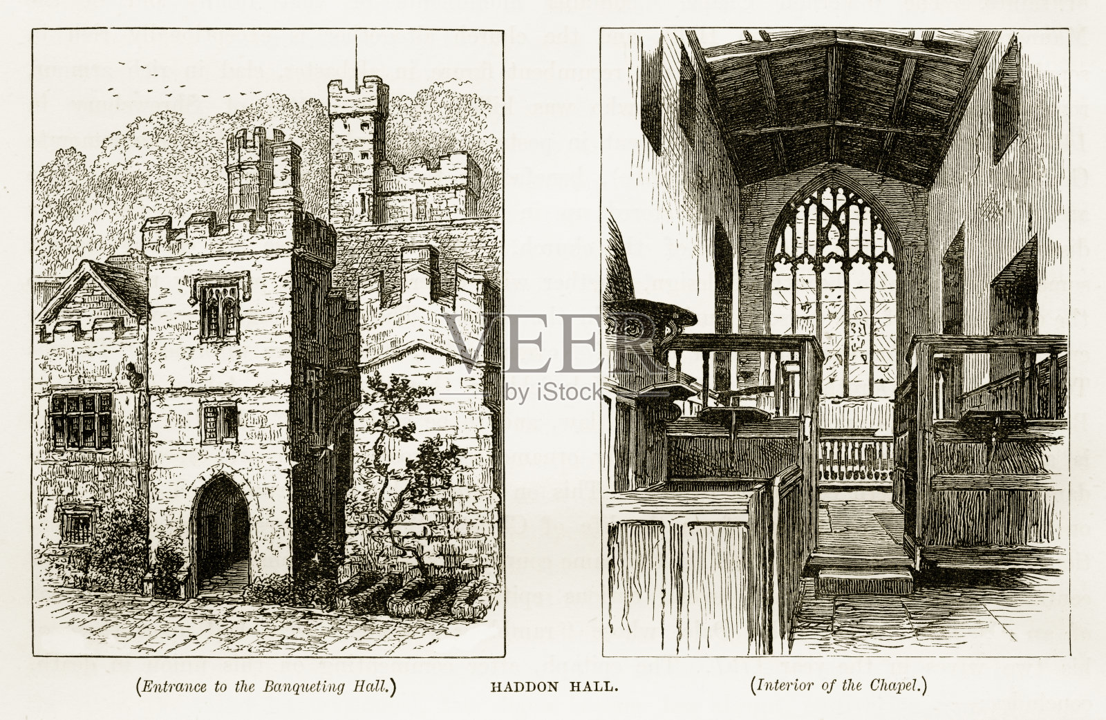 英国德比郡的哈登大厅,维多利亚版画,1840年插画图片素材