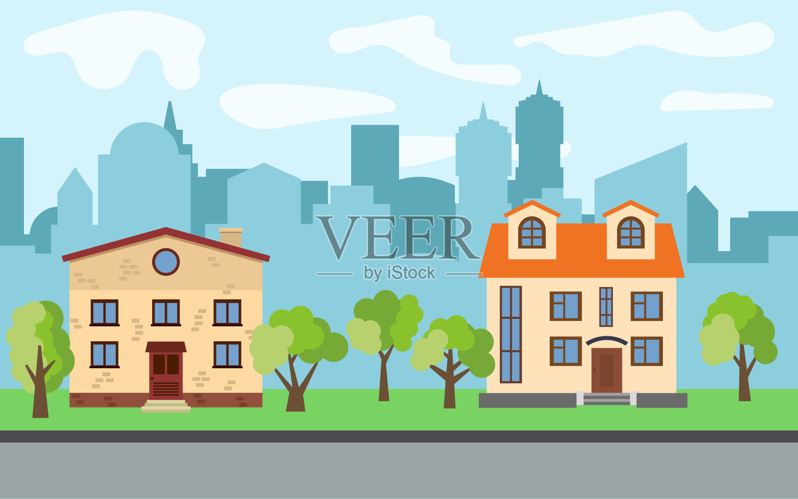 矢量城市有两个两层的卡通房子和绿树在阳光明媚的日子插画图片素材