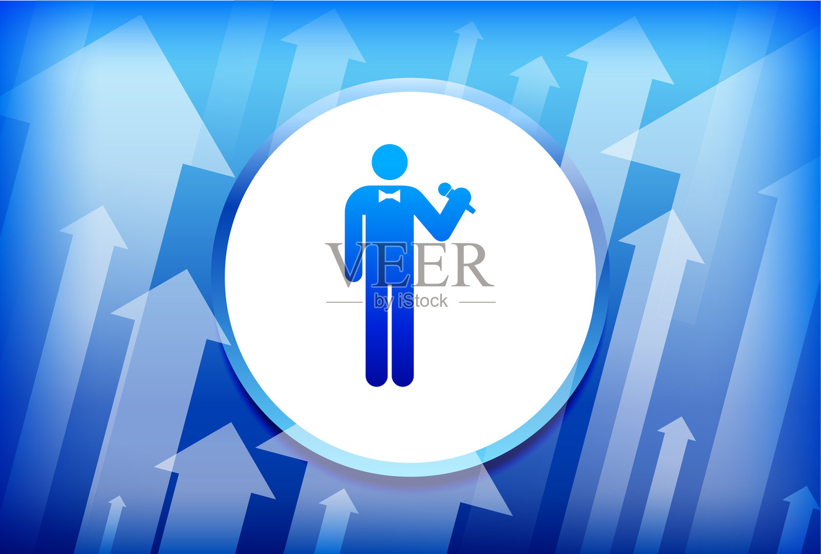 男人拿着麦克风,蓝色向上箭头背景插画图片素材