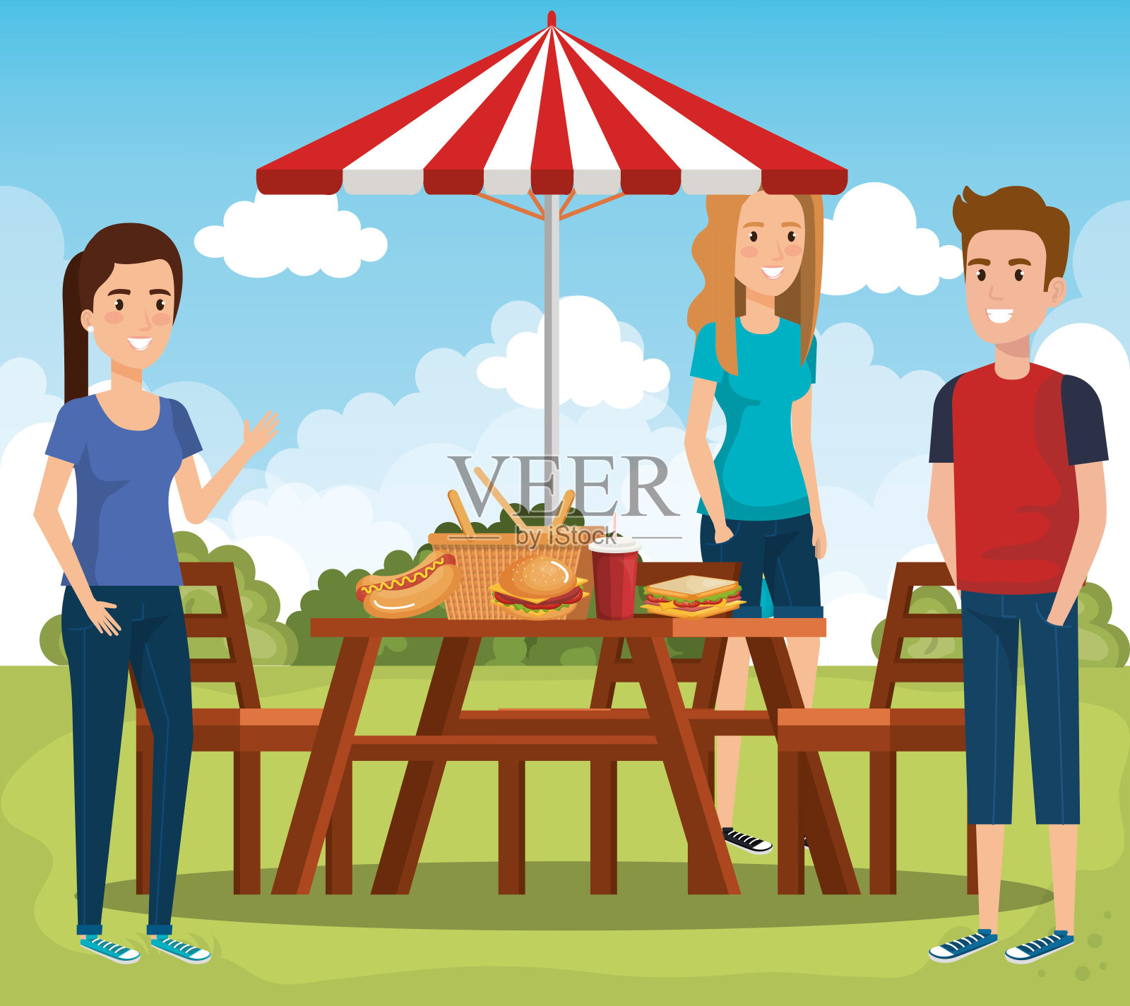 年轻人在野餐日的情景插画图片素材