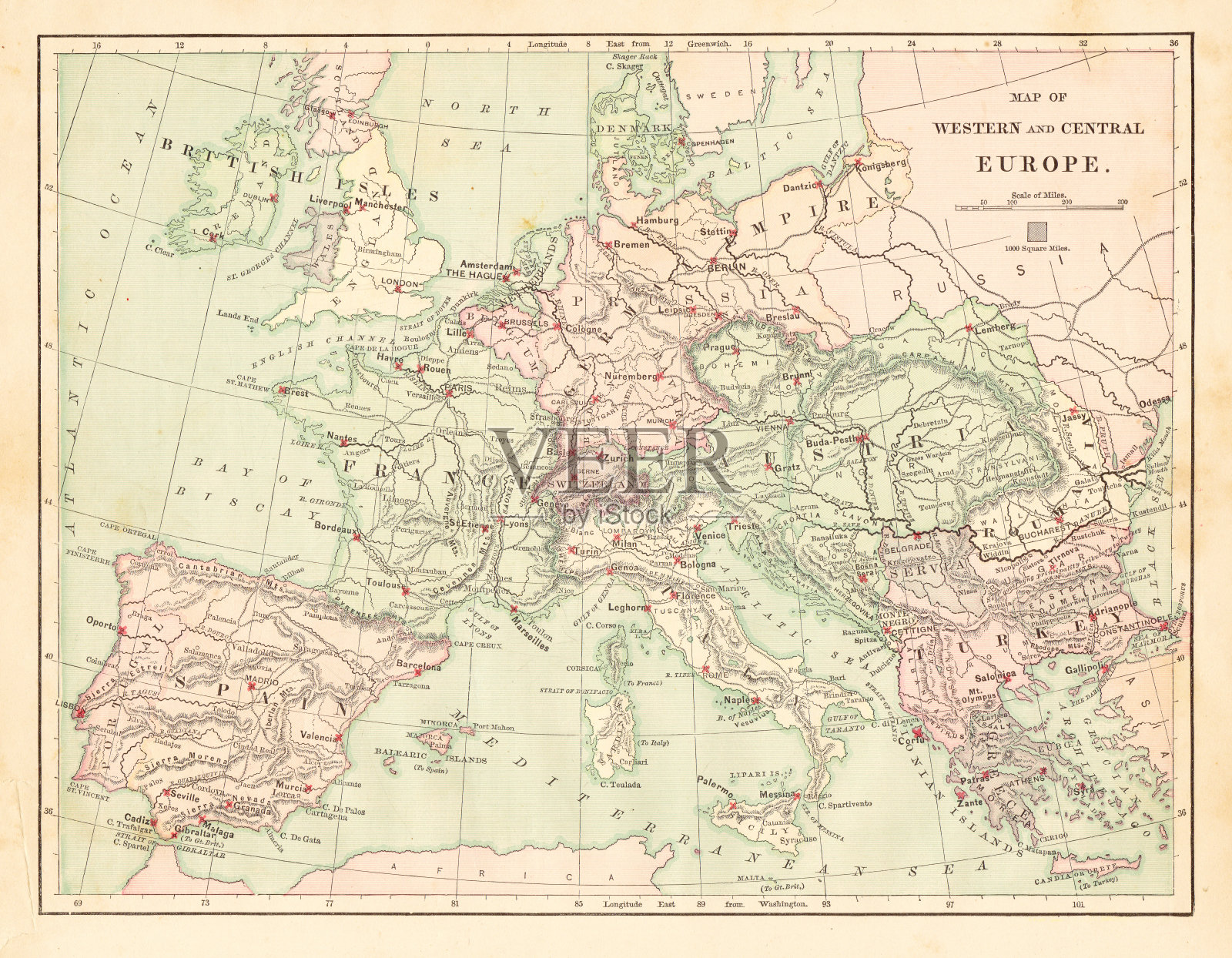 西欧和中欧地图1881年插画图片素材