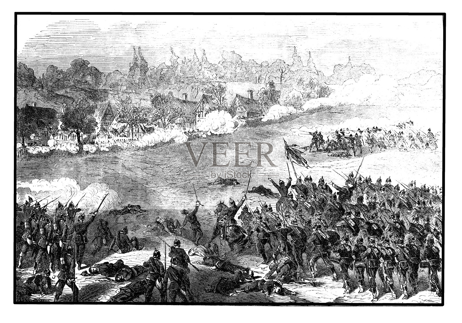 1870/71年法德战争中,普鲁士第一警卫师先锋队袭击圣玛丽奥谢讷村插画图片素材