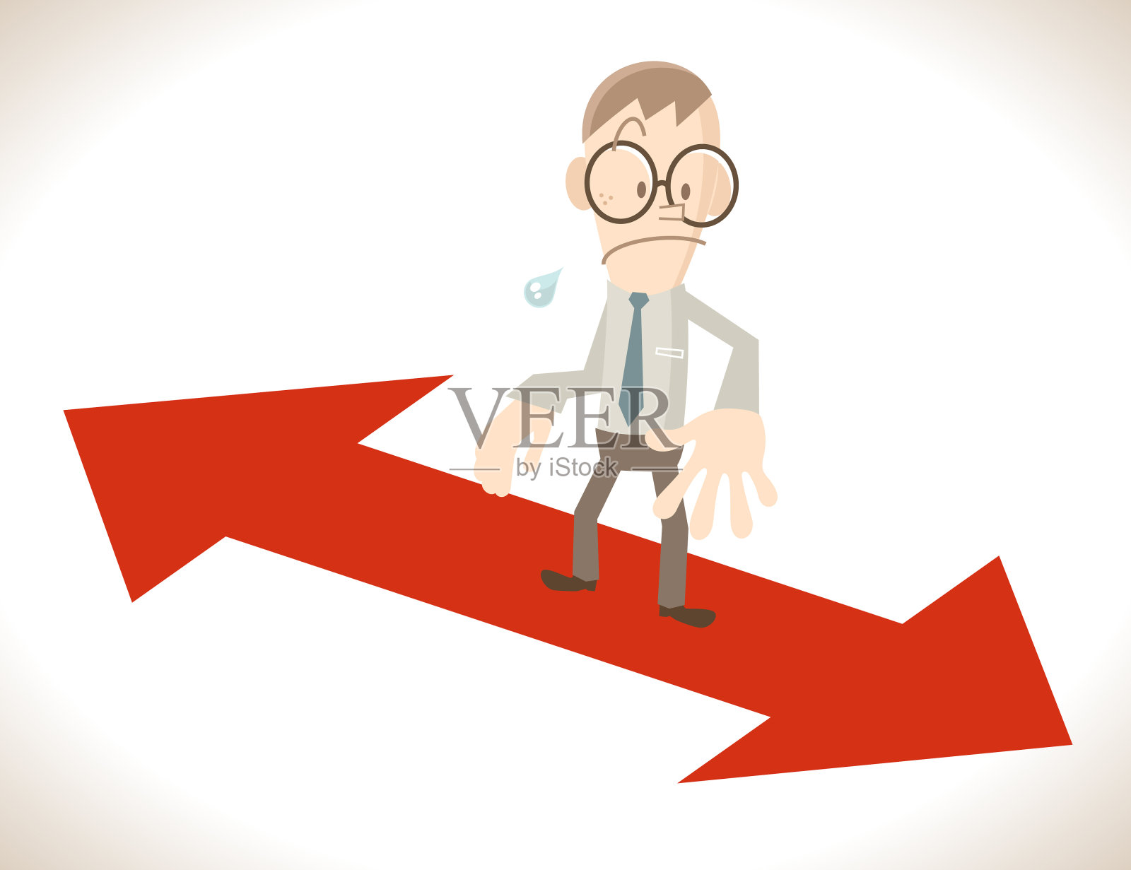 选择方向的概念,商人站在一个带有两个相反方向标志的箭头标志上插画图片素材