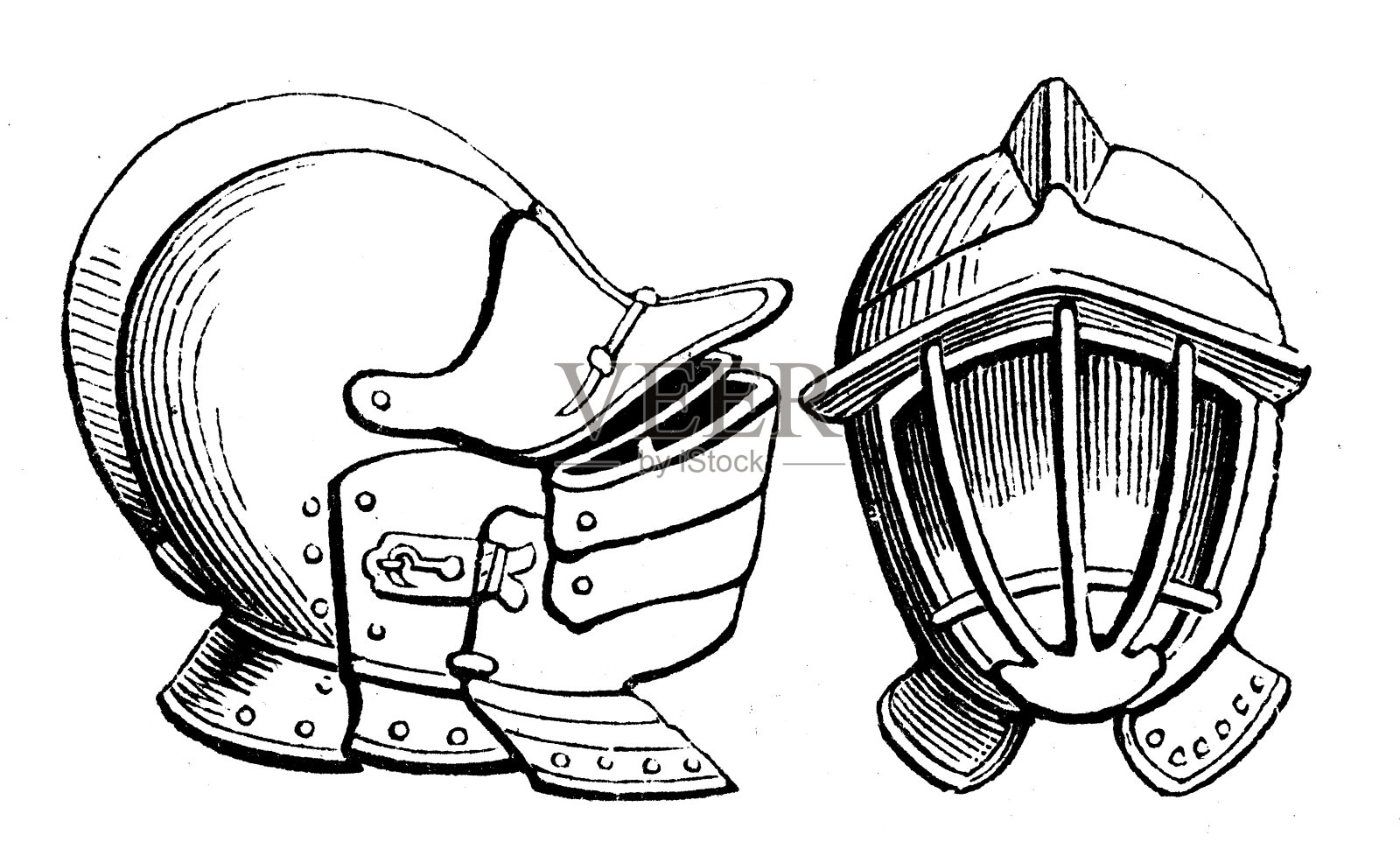 古董雕刻插图:盔甲头盔插画图片素材