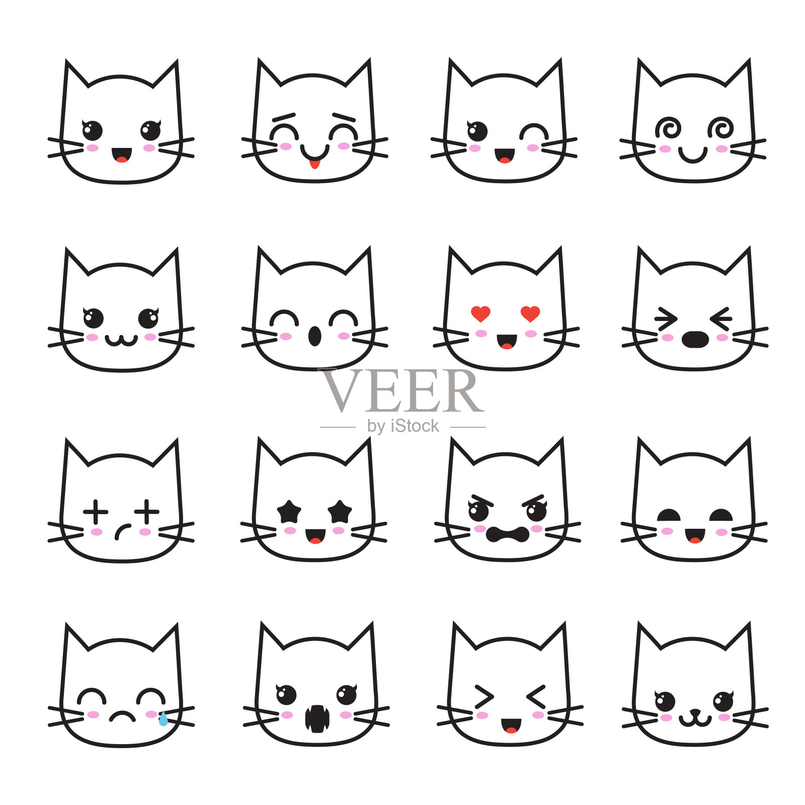 可爱的小猫卡哇伊表情收集。有趣的白猫表情矢量化身插画图片素材