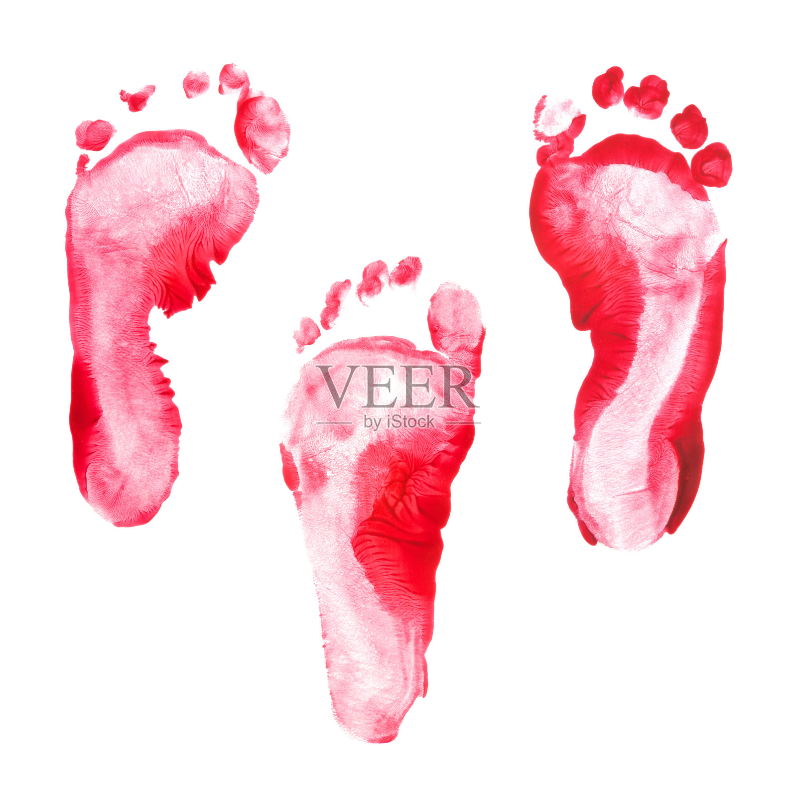 孩子的脚印红色设置孤立在白色背景。许多孩子的指纹或邮票纹理艺术品的教育和旅程。底部视图。关闭了。照片摄影图片