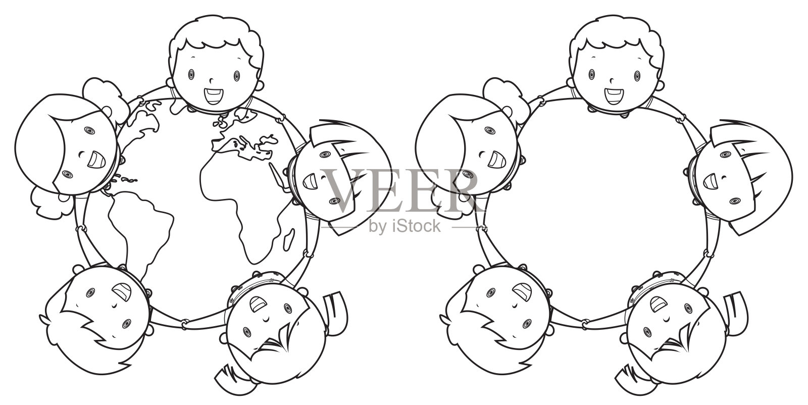 涂色书,快乐的多民族孩子在地球上。插画图片素材
