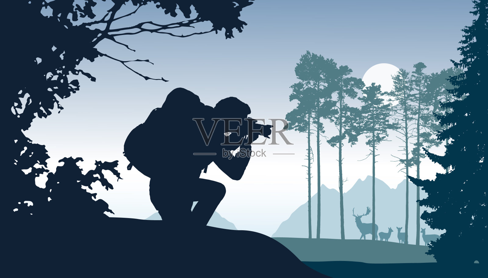 游客在森林中拍摄鹿群插画图片素材