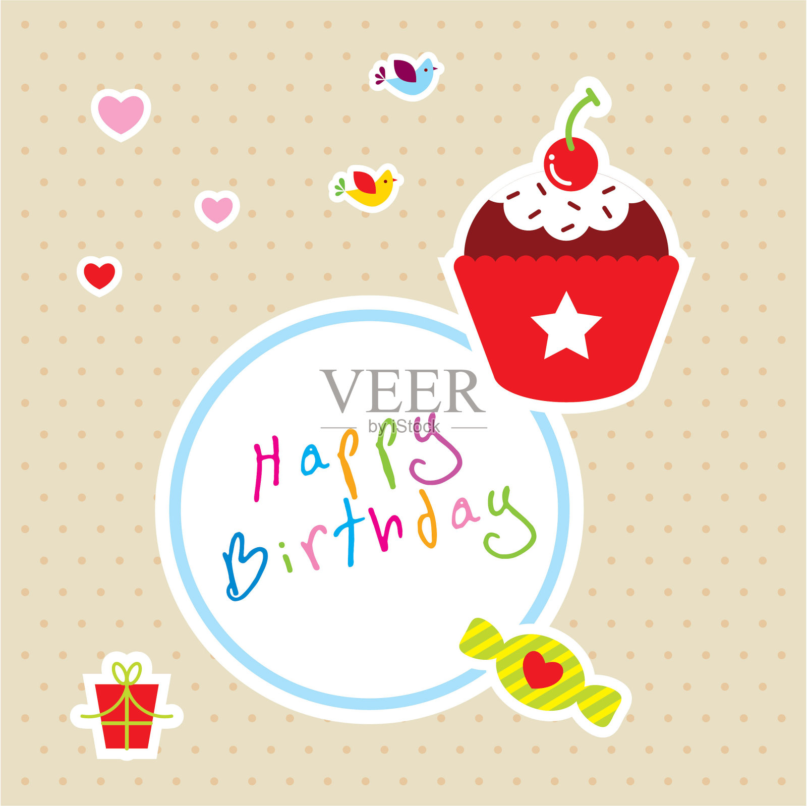 美味的纸杯蛋糕松饼快乐生日贺卡向量设计模板素材