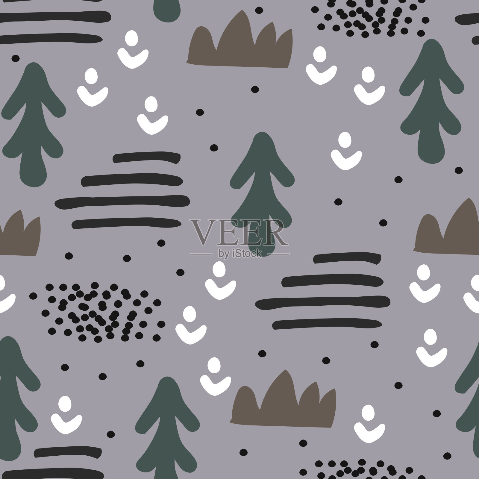 斯堪的纳维亚设计中的抽象无缝图案。手绘的风格。森林插图。插画图片素材