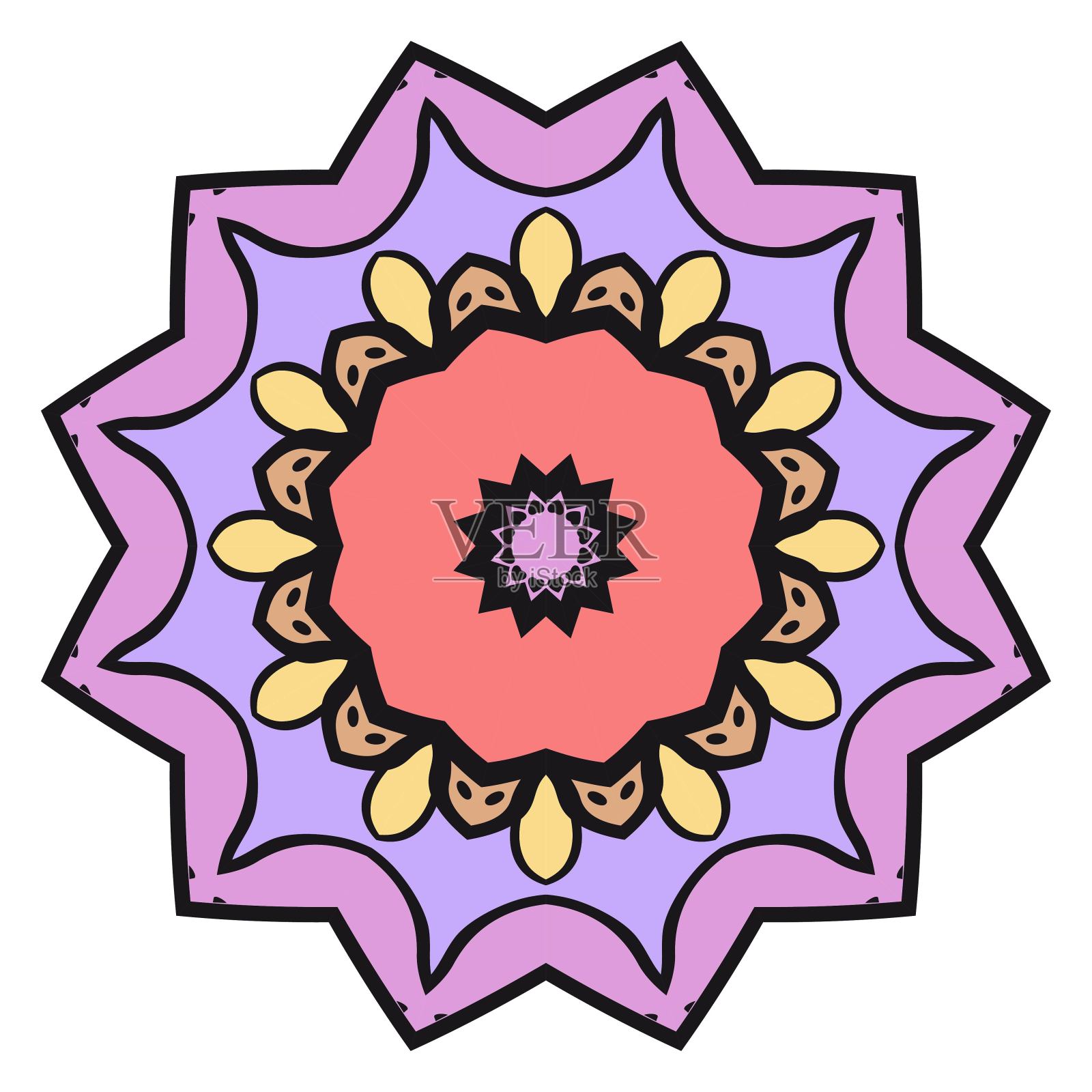 花卉几何图案与手绘曼荼罗。矢量插图。适用于布料、纺织品、大手帕、围巾、印花等。插画图片素材