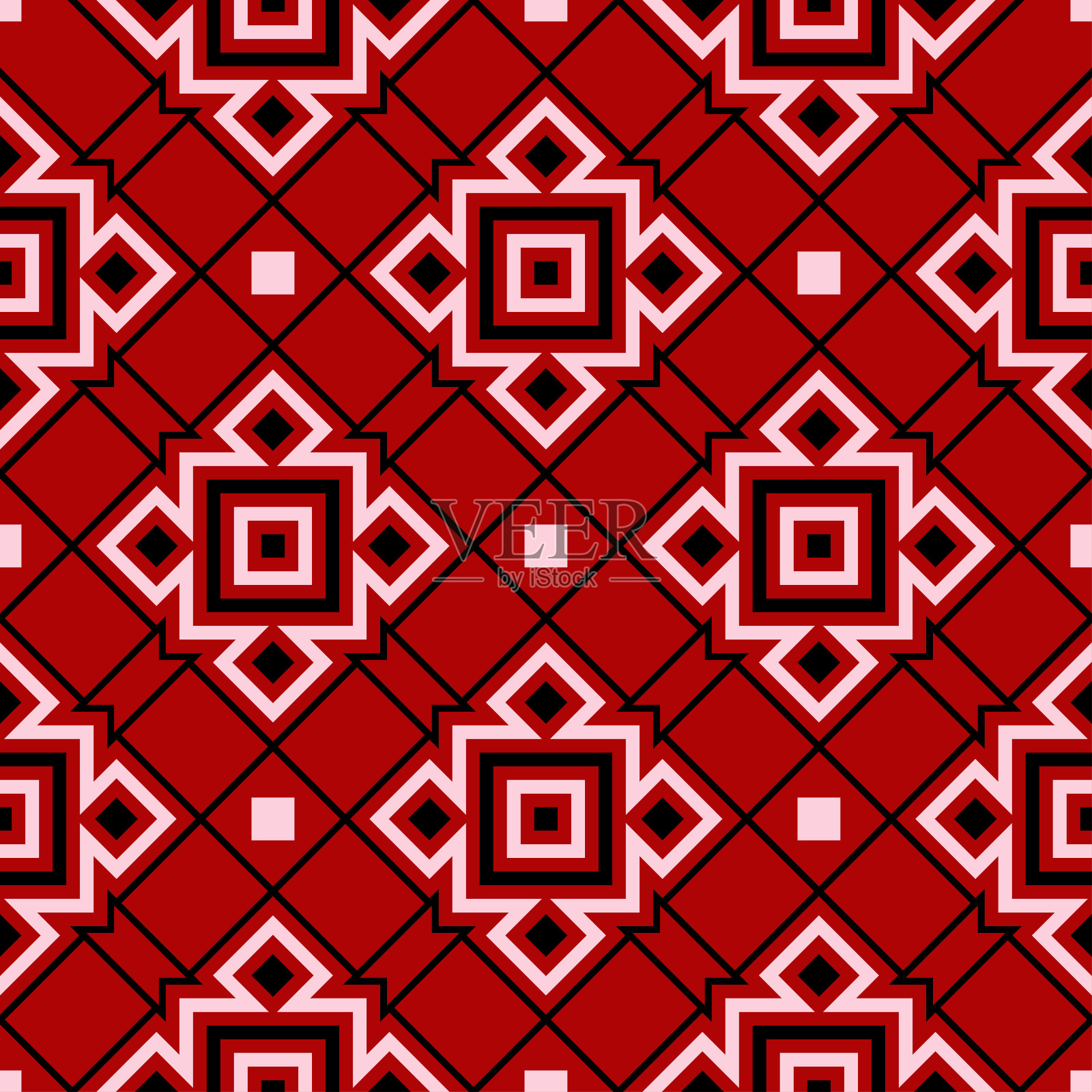 几何无缝模式。红色背景上的黑色和白色元素插画图片素材