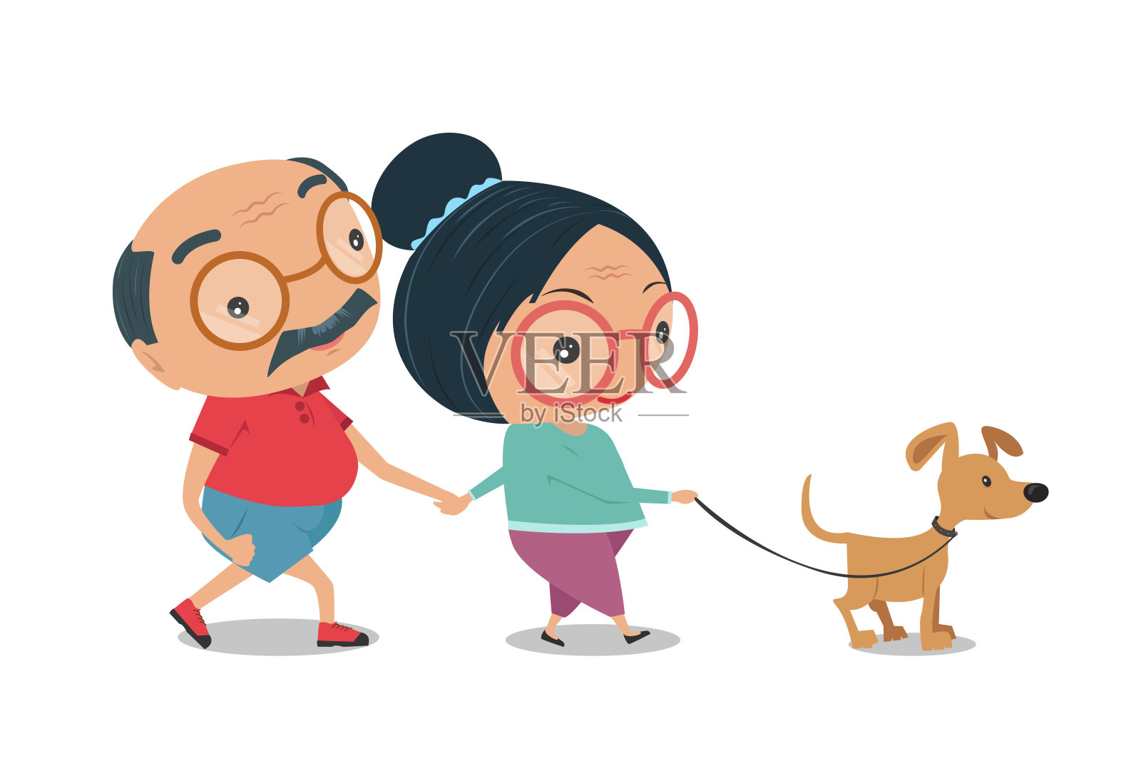 老夫妇,男人和女人穿着运动服和一只小狗孤立在白色的背景。卡通矢量插图。插画图片素材