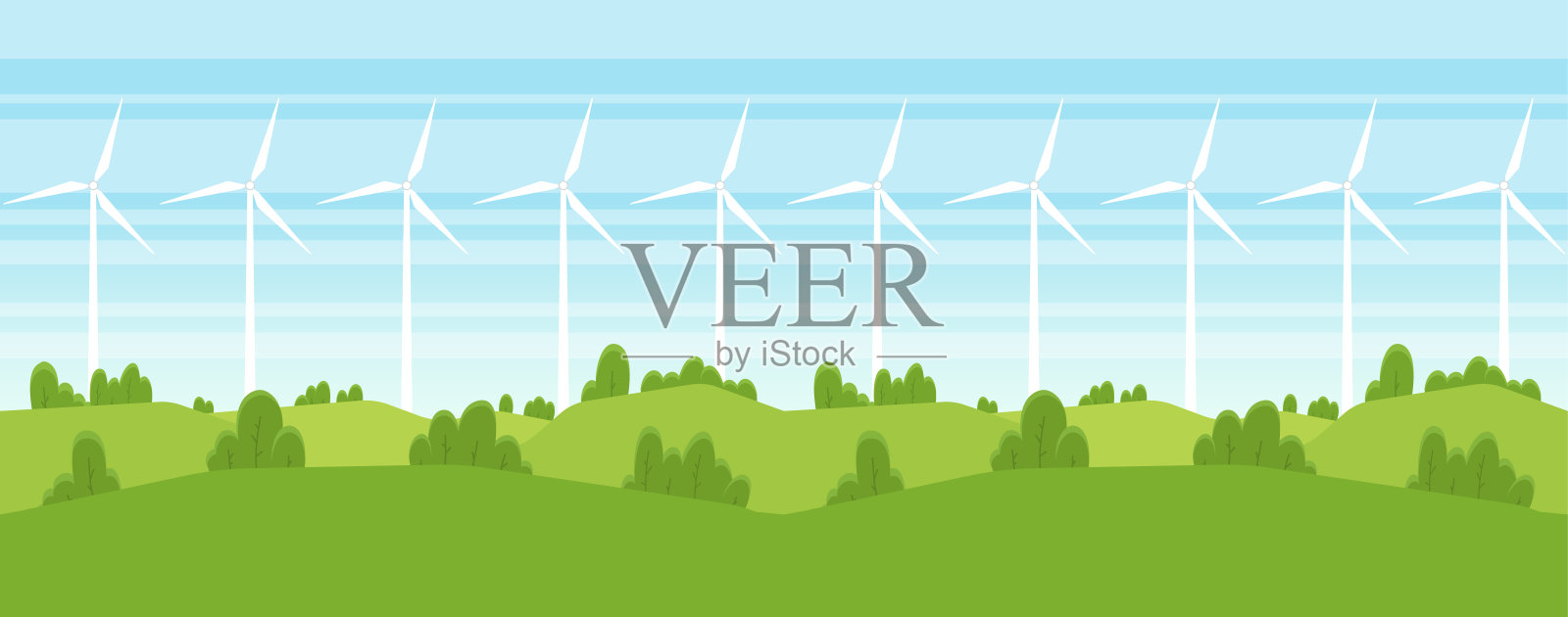 矢量插图:无缝卡通夏季景观与风能涡轮机。设计元素图片