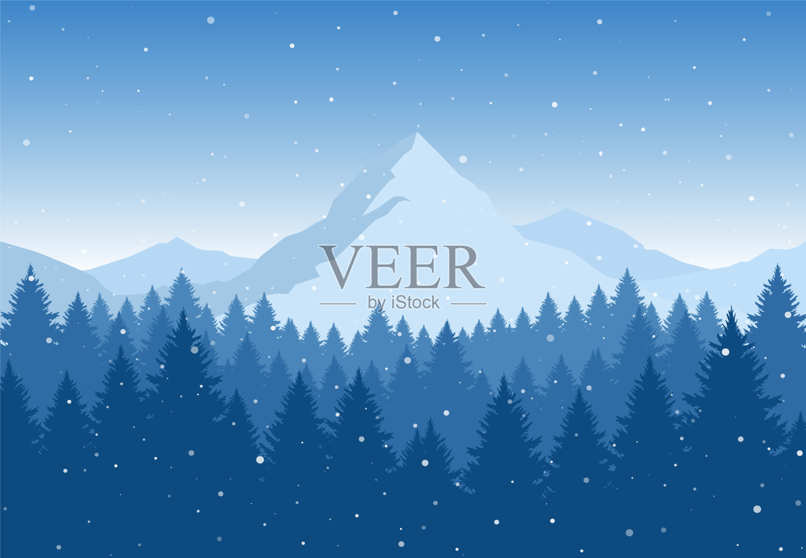 矢量插图:冬季山脉景观与松树林前景。圣诞节的背景。插画图片素材