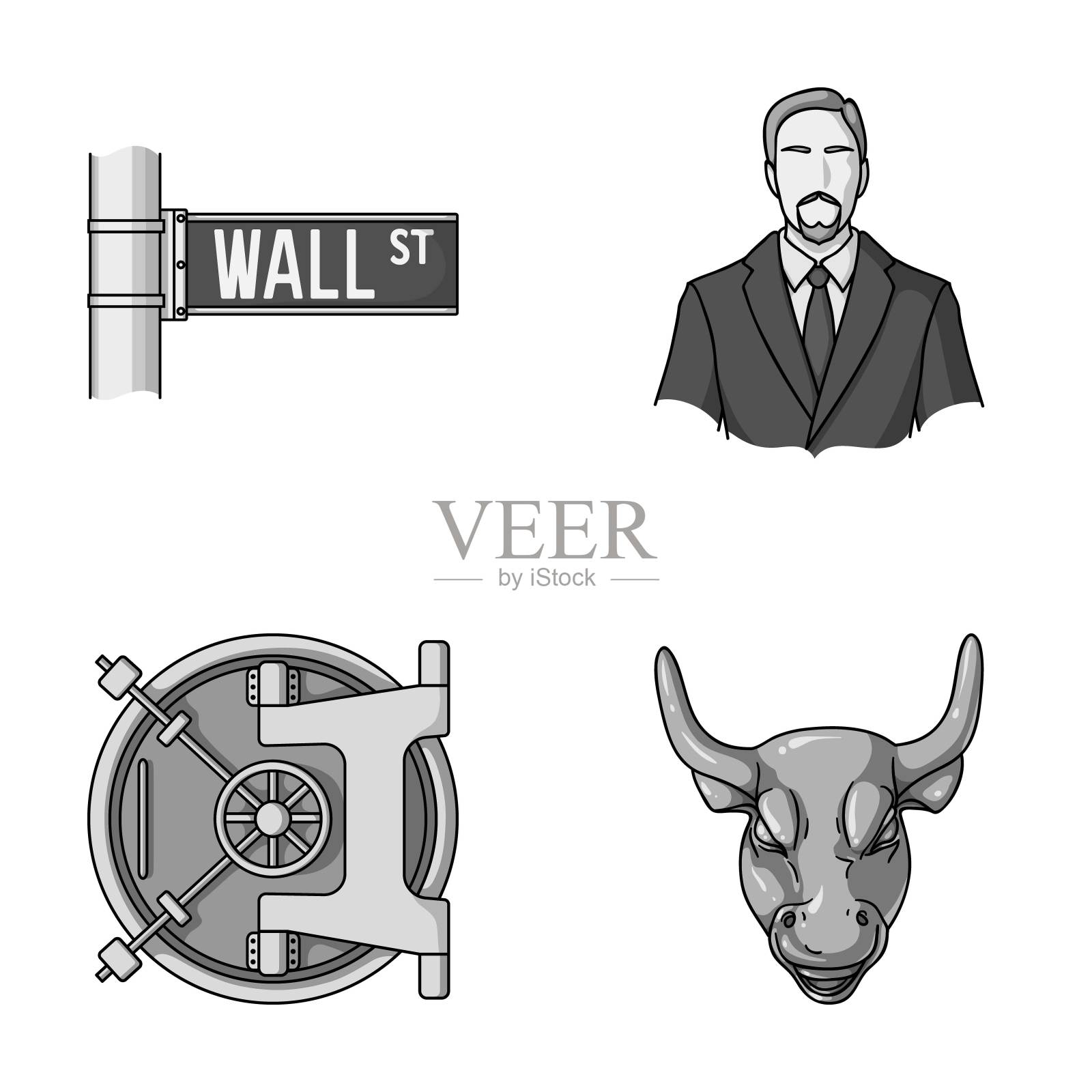 华尔街,一个商人,银行金库,一头收金的公牛。金钱和金融集合图标在单色风格向量符号股票插图web图标。插画图片素材