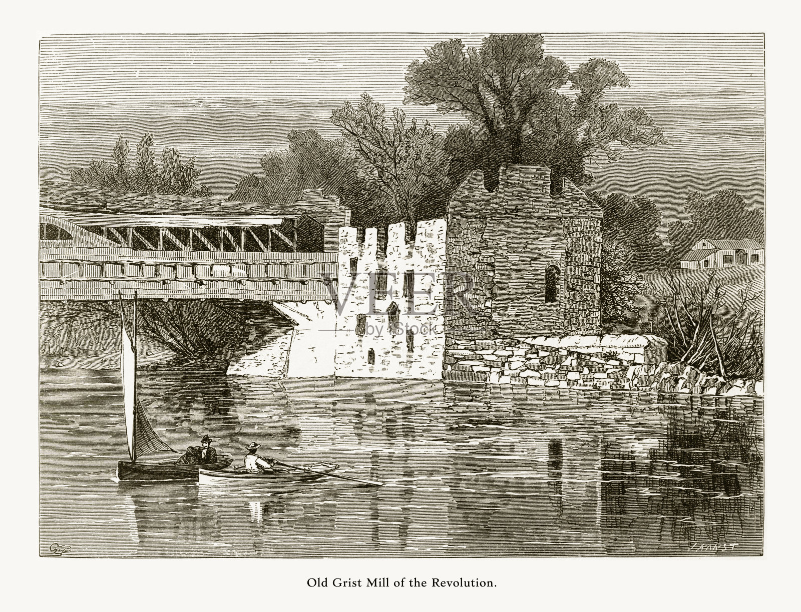 革命的老磨坊,白兰地酒河,罗克兰,美国特拉华州,美国维多利亚版画,1872年插画图片素材