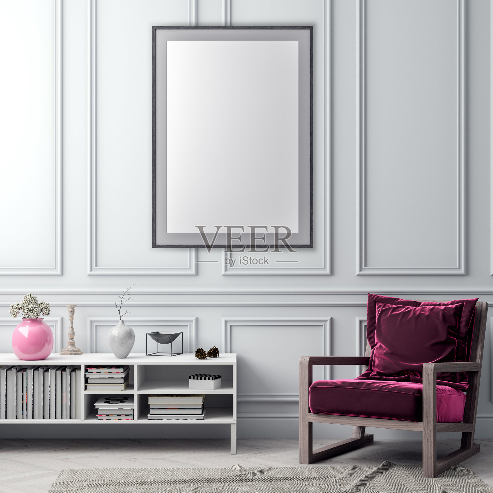 室内背景和经典墙壁上的海报框架样机,3D图照片摄影图片