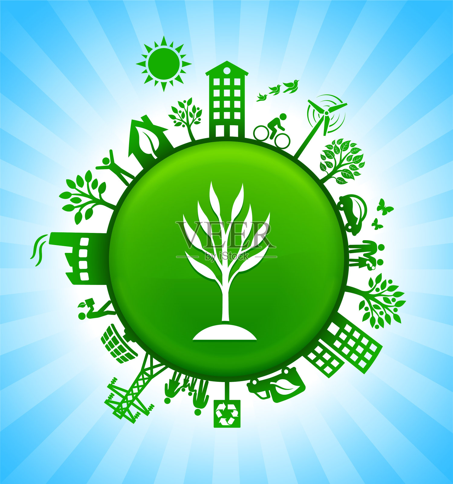 生长的树环境绿色按钮背景在蓝天插画图片素材