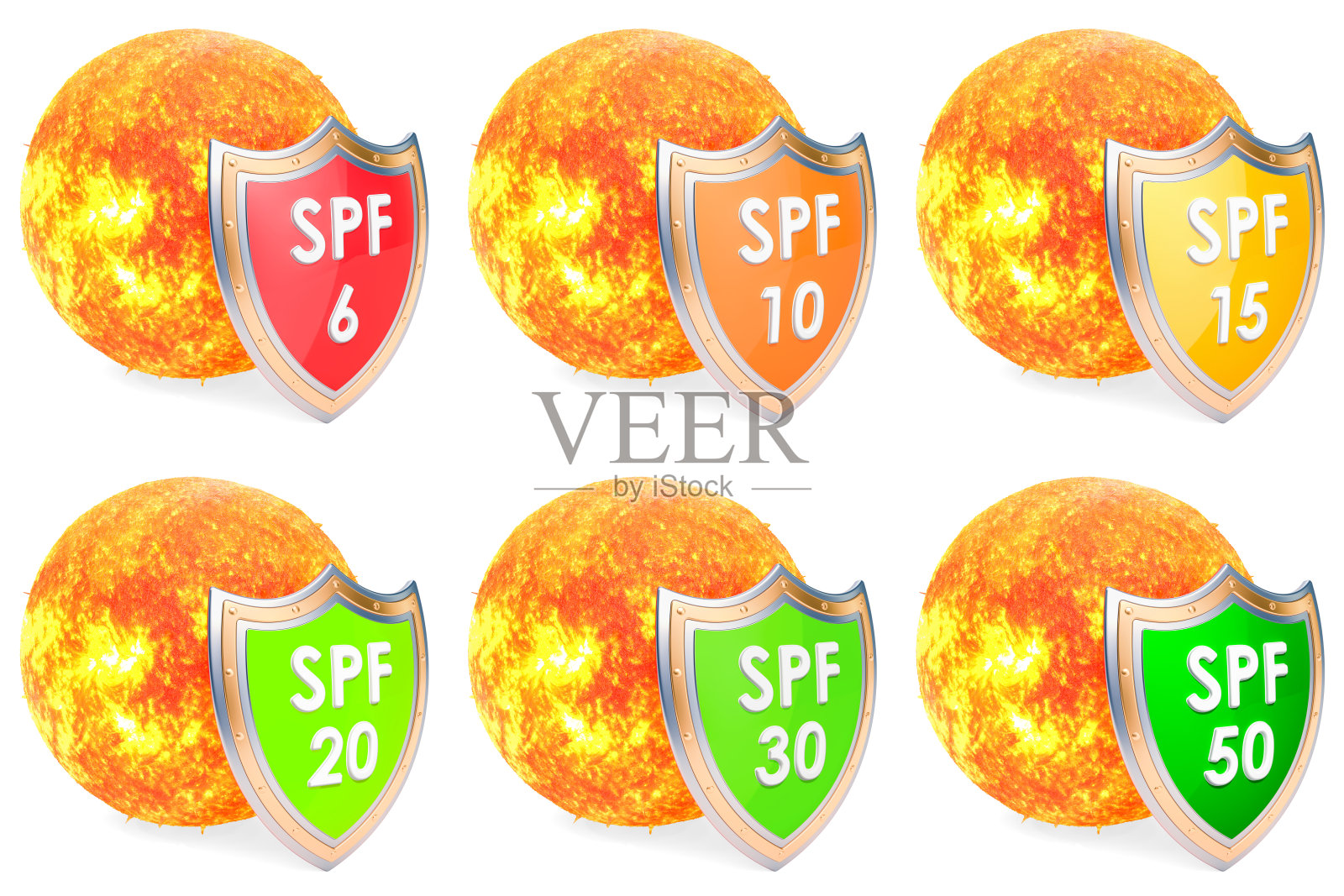 遮阳,SPF6, 10, 15, 20, 30, 50保护概念。三维渲染照片摄影图片