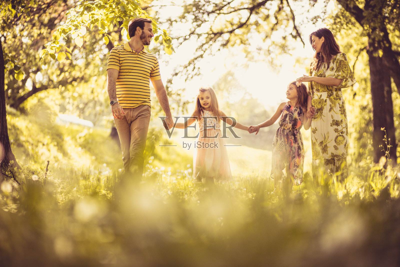 快乐的家庭漫步大自然。照片摄影图片