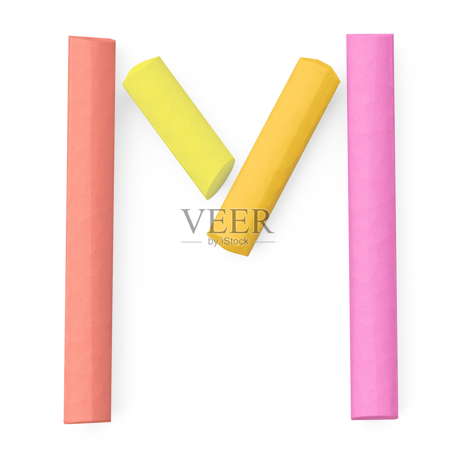 彩色人行道或黑板粉笔组装像大写字母M在白色背景,3D渲染字体图像照片摄影图片