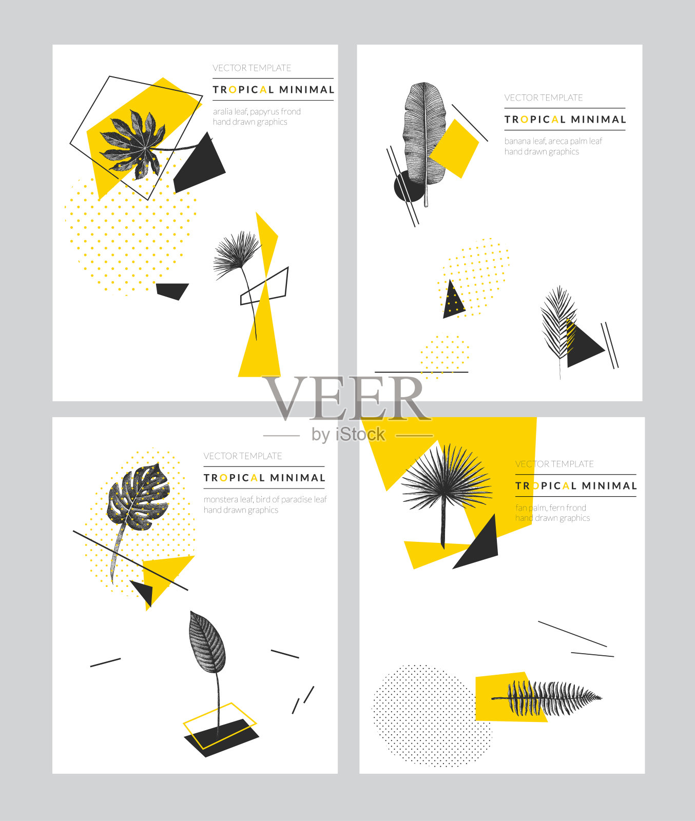 现代几何卡片收集与手工绘制的热带植物在复古风格。一套外来植物模板为生日,商业,周年纪念,婚礼,聚会邀请,假日。插画图片素材