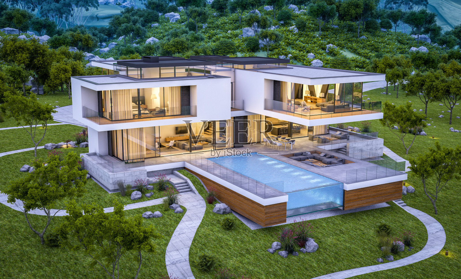 傍晚河边现代舒适住宅的3d渲染照片摄影图片