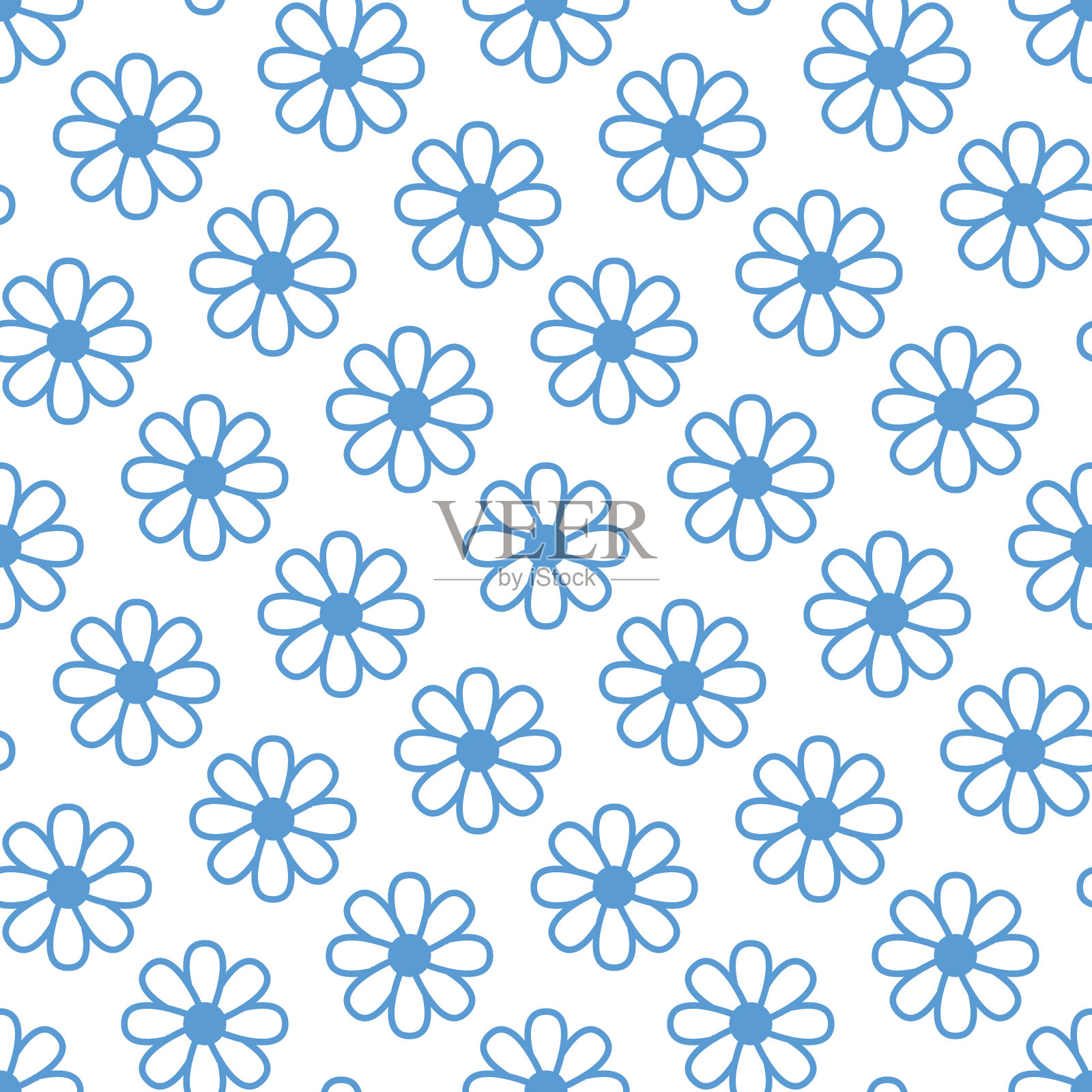 花卉无缝图案与平线图标的雏菊链。花卉背景花园洋甘菊植物。美丽的蓝白色纹理的儿童织物插画图片素材