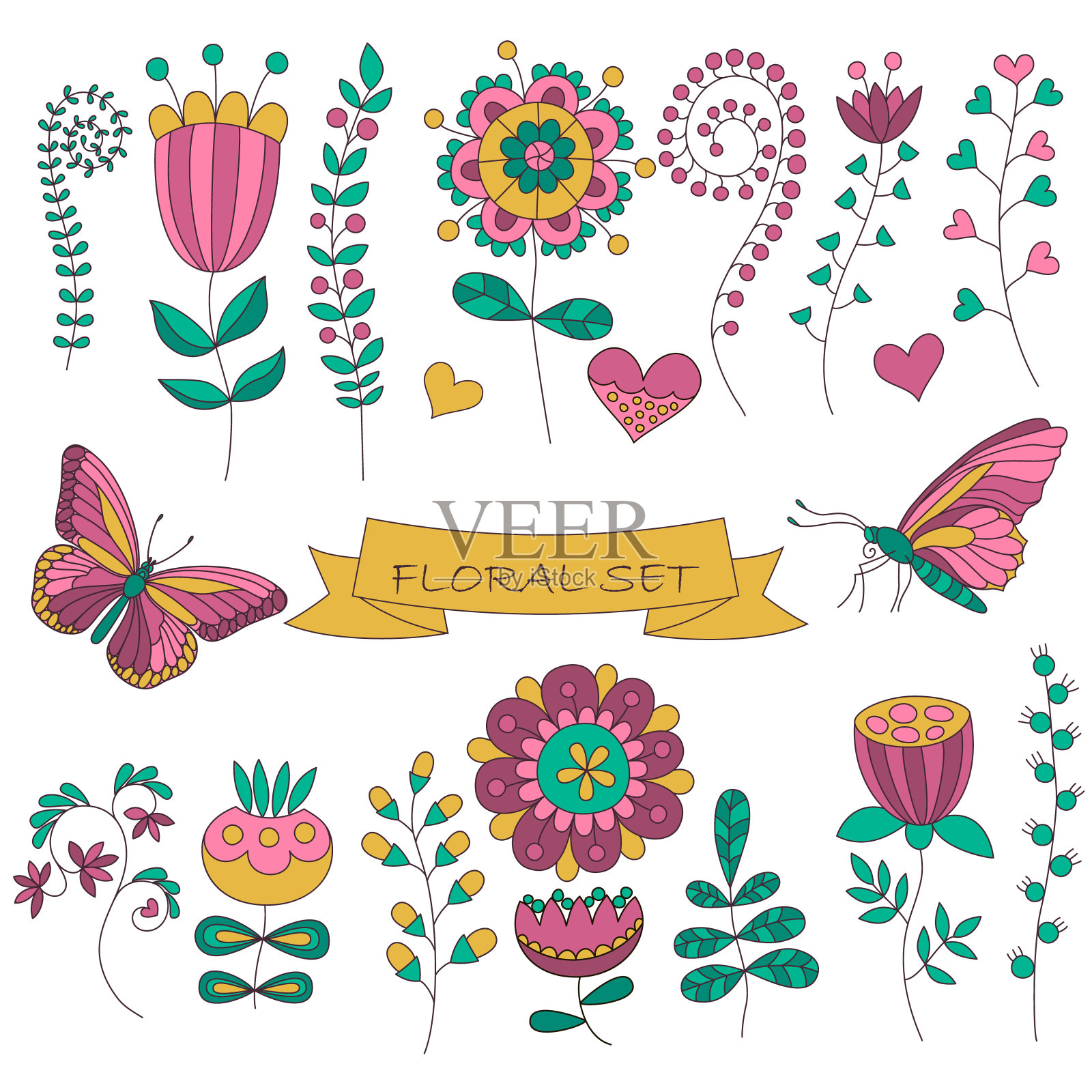一套不同的花卉元素和蝴蝶插画图片素材