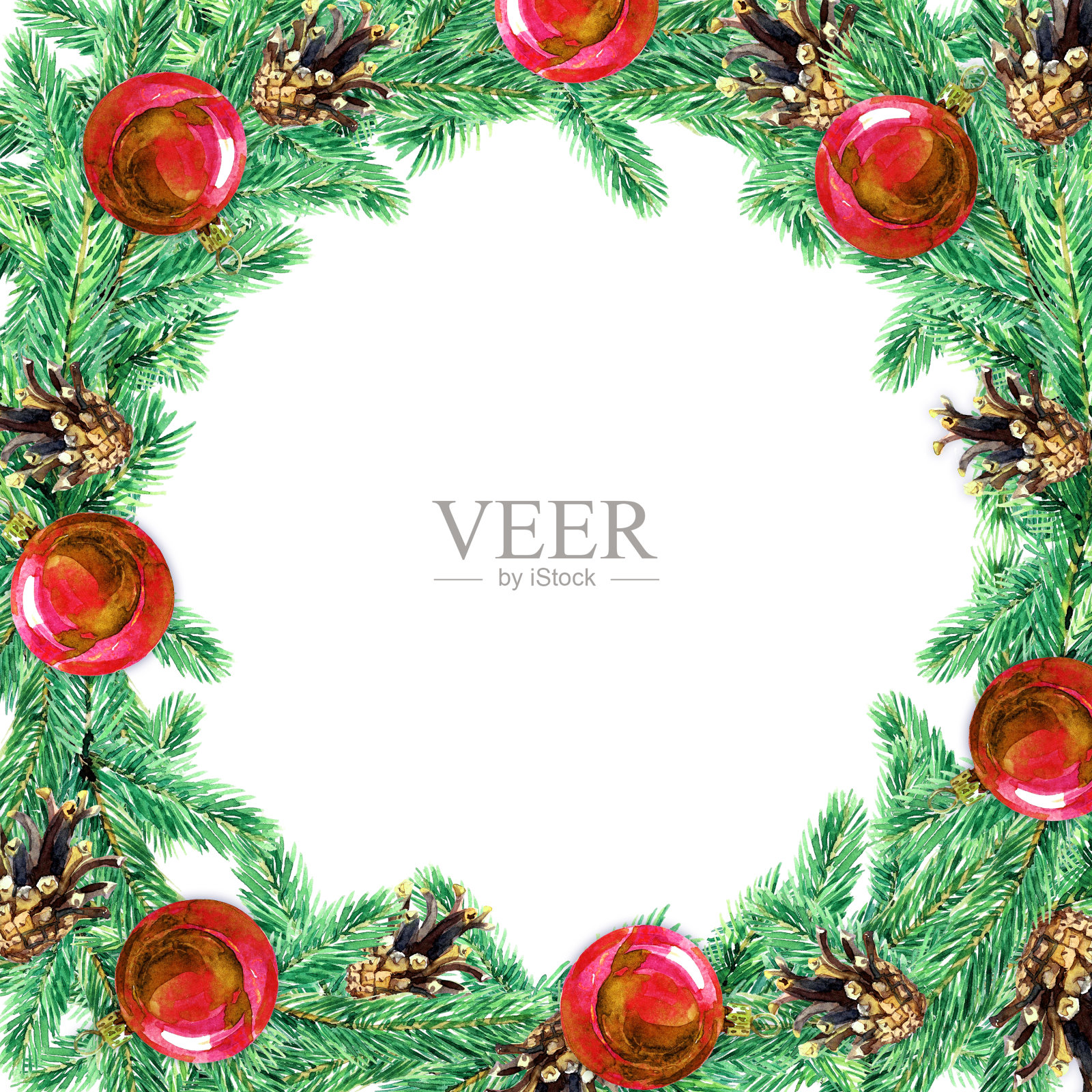 杉树枝圣诞贺卡水彩插画插画图片素材