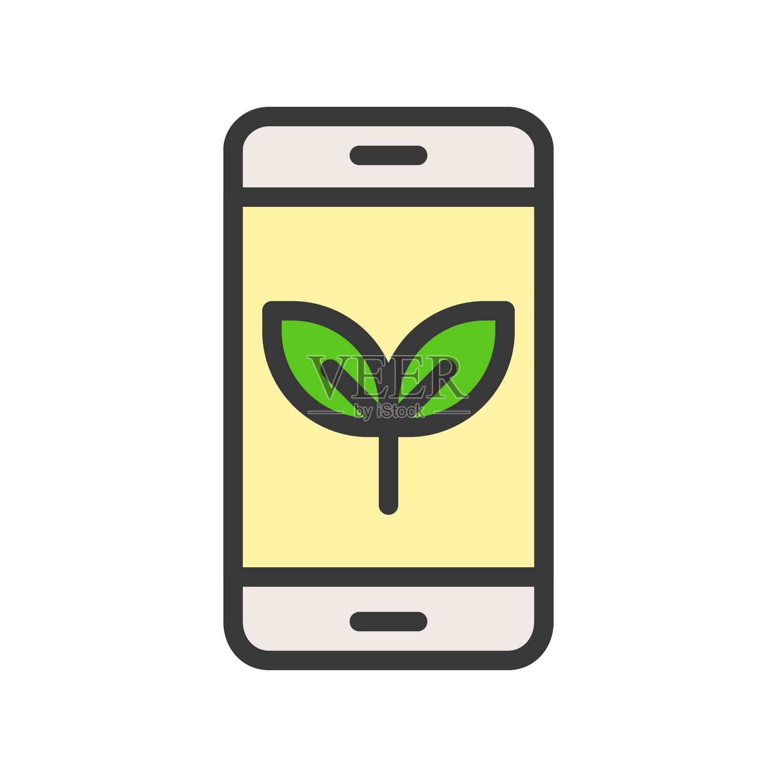 植物上智能手机,填充轮廓平面图标环保理念设计元素图片