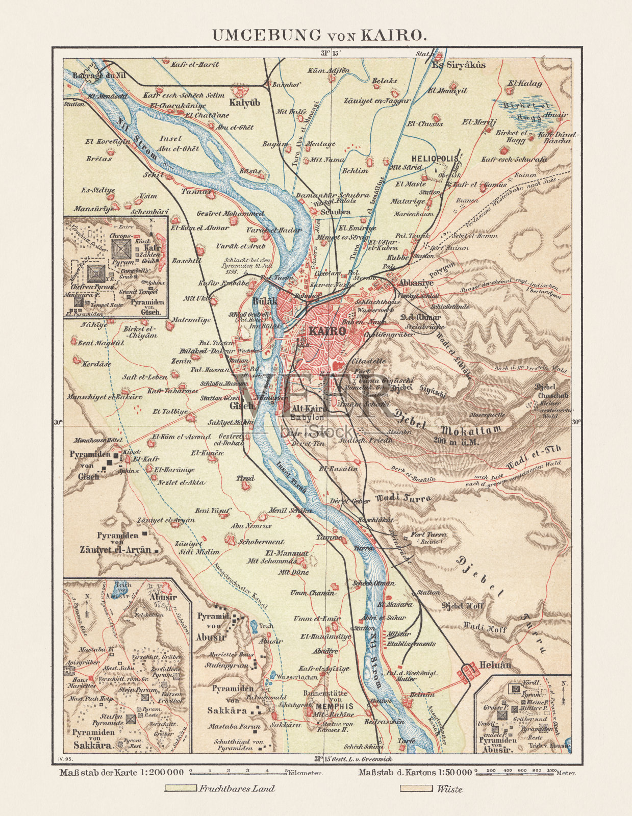 1897年出版的埃及开罗及其周边地区的历史地图石版画照片摄影图片