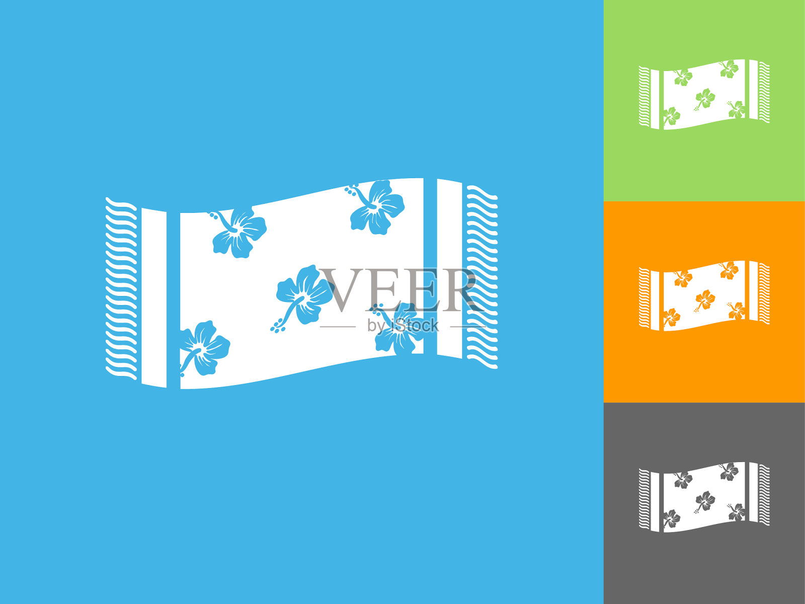 海滩浴巾平坦图标上的蓝色背景插画图片素材