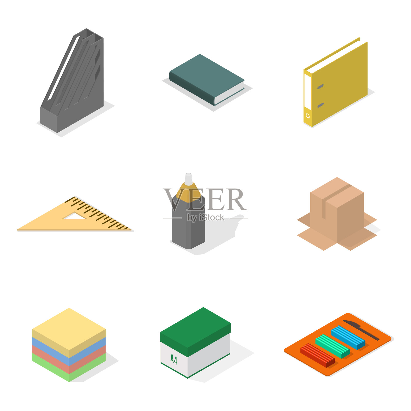 一套图标,办公室和学校。平面3d等距样式,矢量插图。图标素材