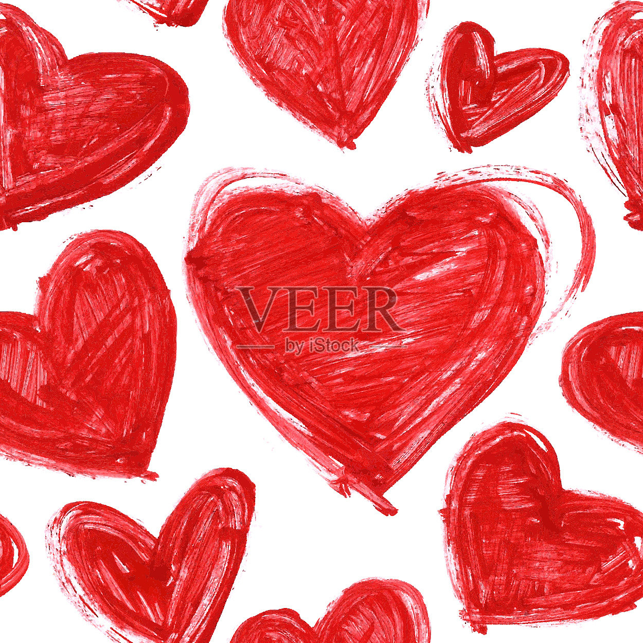 不均匀凌乱不规则的自发心手绘红色丙烯酸标记-无缝矢量爱的背景插画图片素材