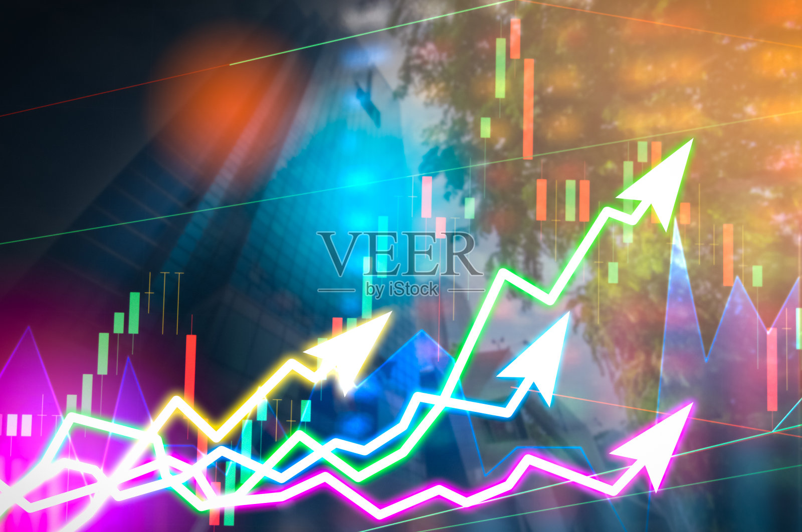 在抽象模糊图片上显示交易图,业务图和投资期货市场的交易监测,应用程序界面是交易股票,货币。股票经纪人的工具。照片摄影图片