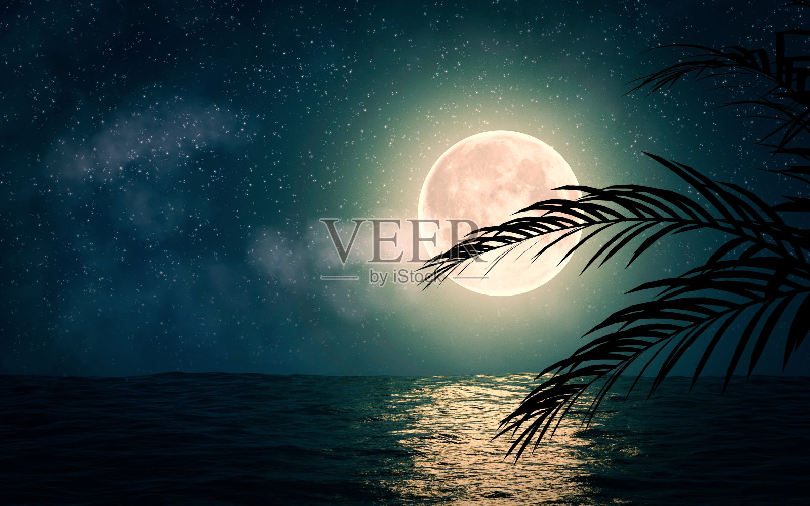 海与星星和满月3d插图照片摄影图片