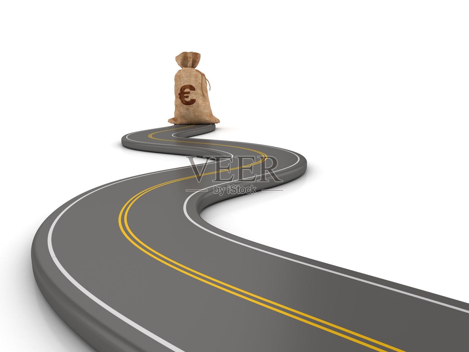 蜿蜒的3D道路与金钱欧元袋- 3D渲染照片摄影图片