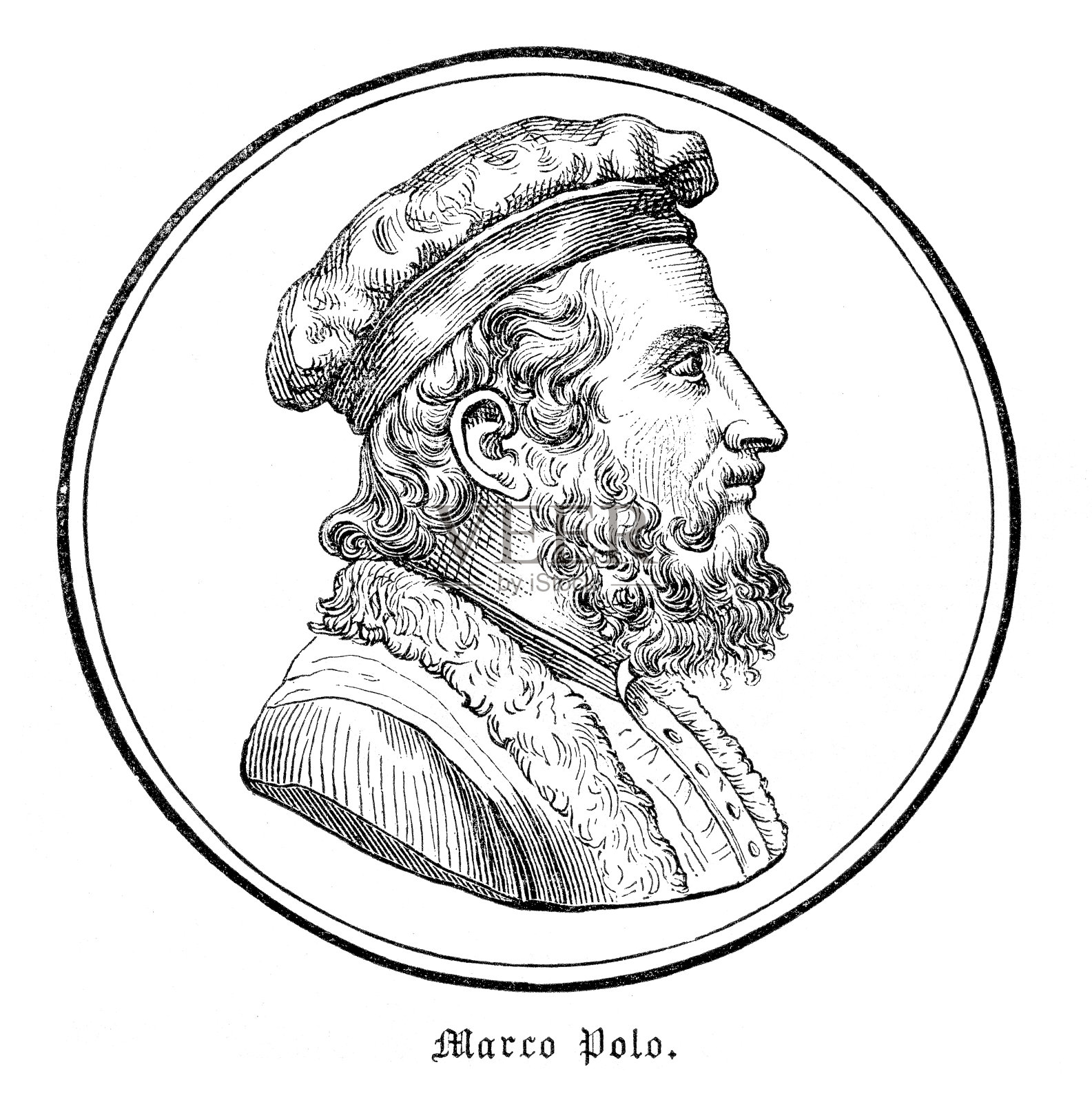 马可波罗,意大利探险家肖像,1882年插画图片素材