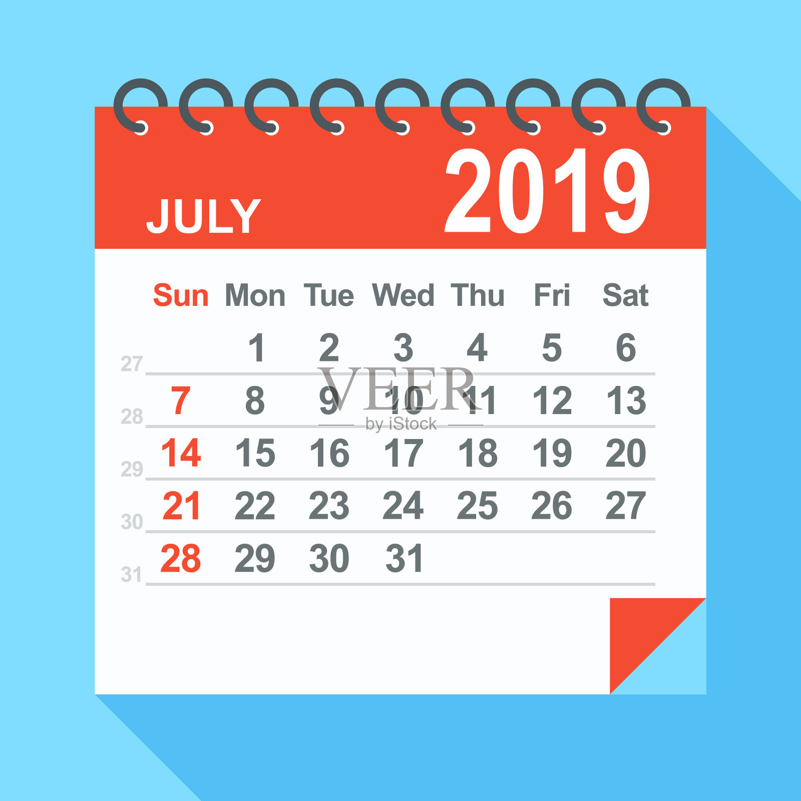 2019年7月-日历。周日开始一周插画图片素材