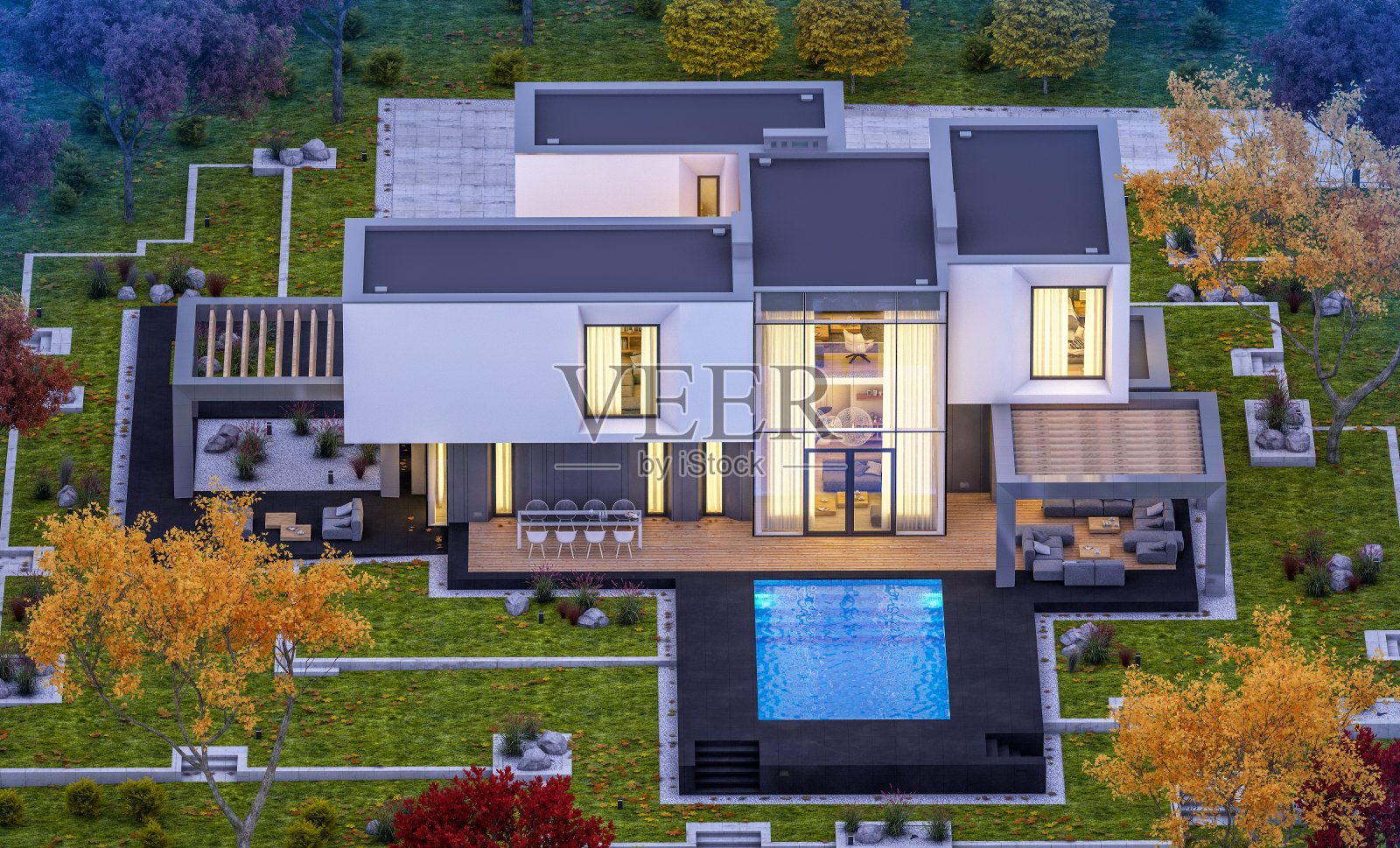 3d渲染现代舒适的房子在秋天的傍晚与柔和的灯光花园照片摄影图片