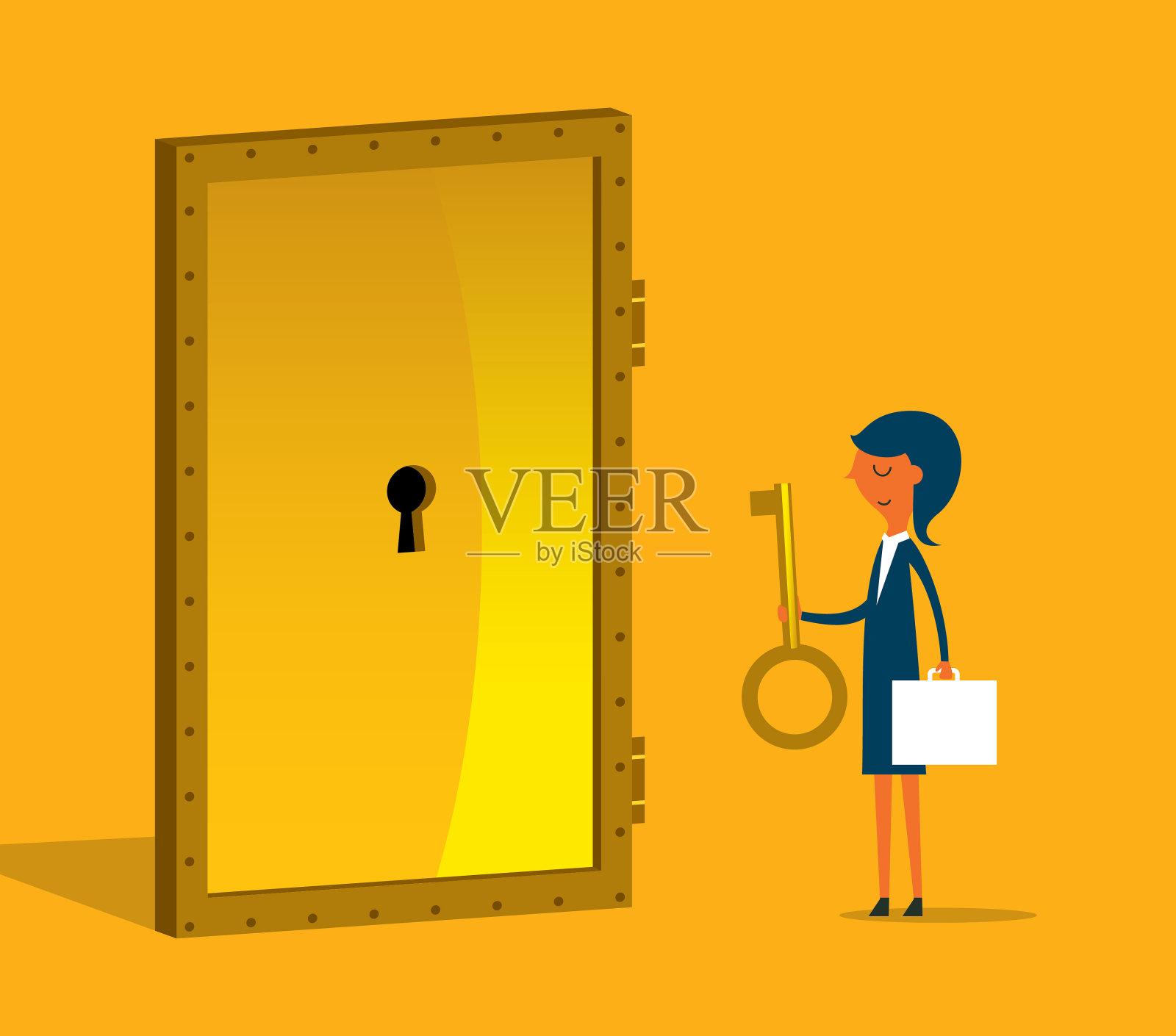 拿着金色钥匙试图开门的女商人插画图片素材
